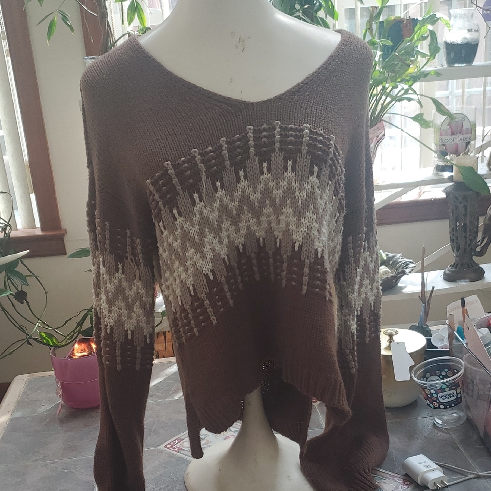 Rue21 Brown and Cream V-Neck Sweater with Chevron Pattern